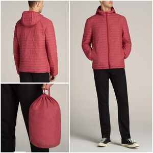 NWT American Tall Mens Packable Puffer Jacket Red Heather Hooded w/ Sack Sz MT